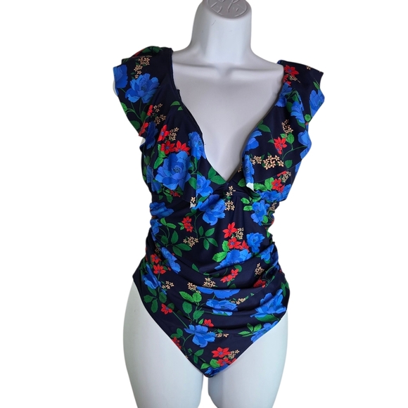 J Crew Ruched Ruffle One Piece Swimsuit Floral Blue Peony - Picture 4 of 11